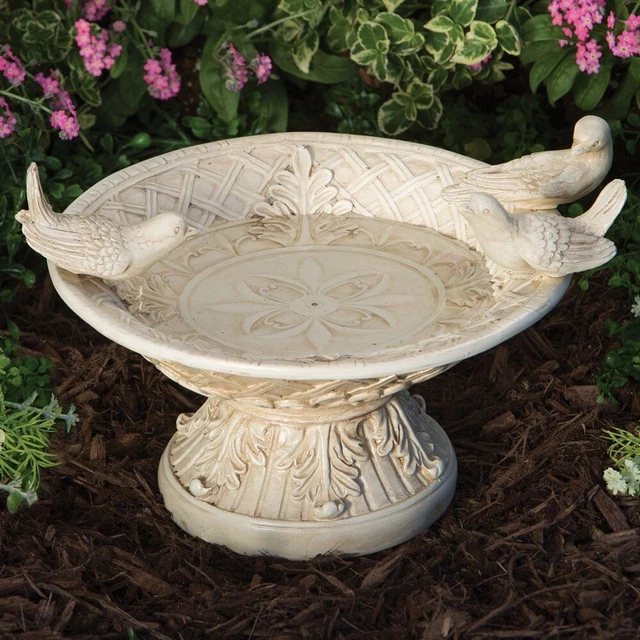 Finition Antique Petit Oiseaux Perché sur Blanc Pied Birdbath Jardin Sculpture