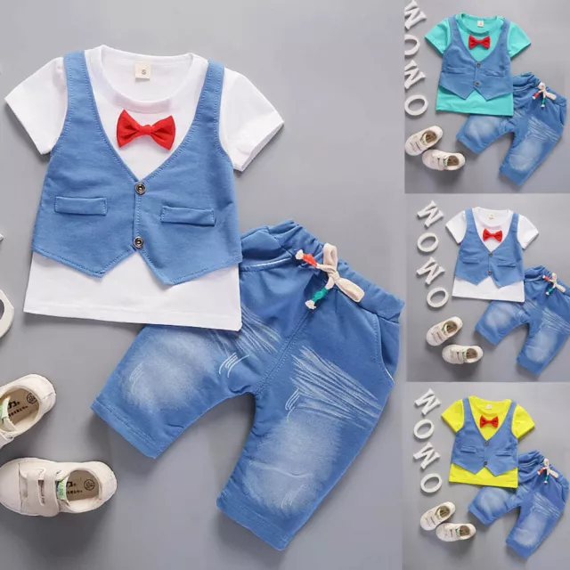 2PCS Kids Toddler Baby Tie T-shirt Tops+Pants Gentleman Outfits Clothes Set.