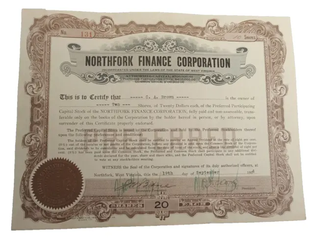 RARE Vintage 1924 NORFOLK FINANCE CORPORATION Preferred Stock Certificate WV