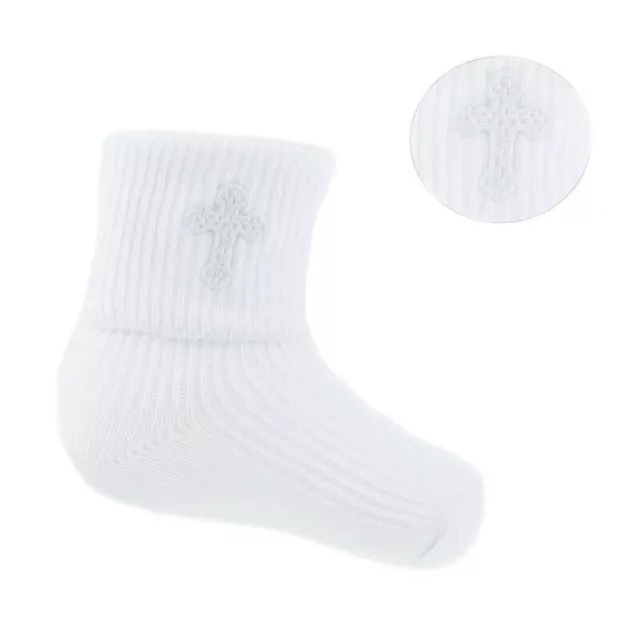 Baby Boys Girls White Cotton Rich Embroidered Cross Short Christening Socks