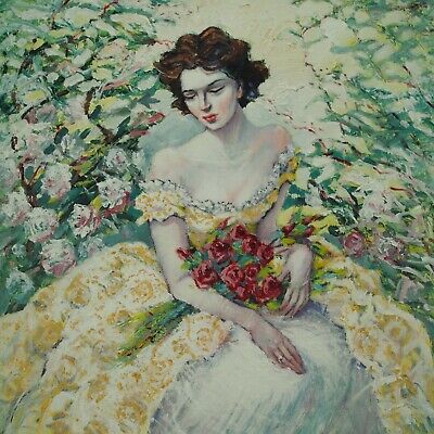 Beautiful Woman In Flower Garden Red Rose Bouquet Oil Painting Framed Canvas Art