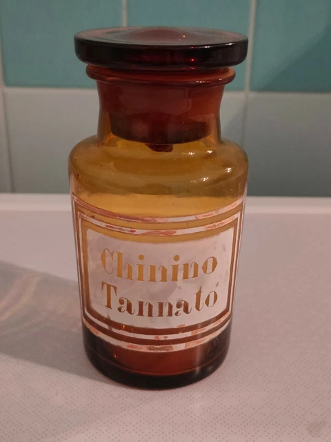 ANTICO VASO CONTENITORE Laboratorio Farmacia CHININO TANNATO in vetro ambrato
