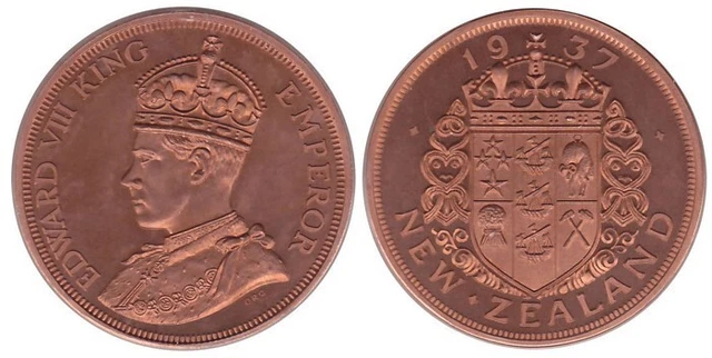 New Zealand: 1937 Model Crown King Edward VIII copper 5/- fantasy . 150 made.