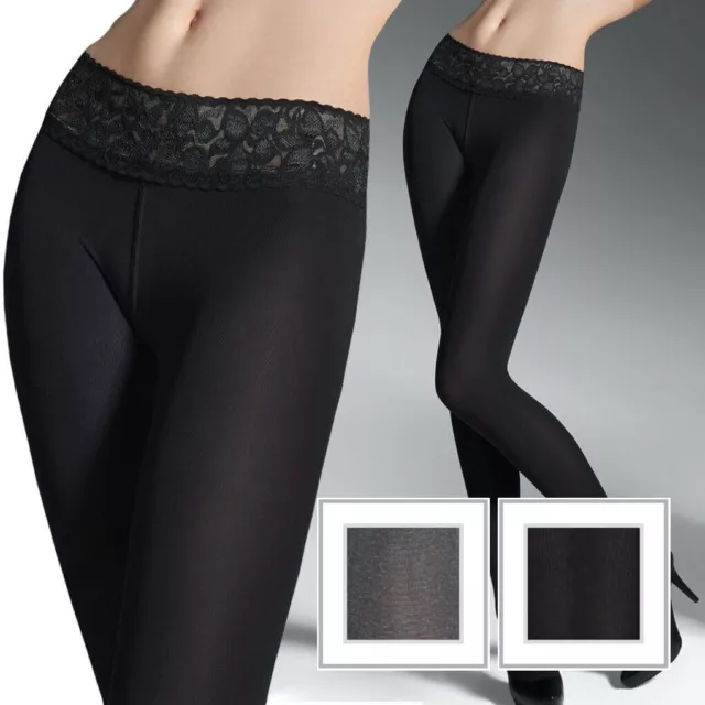 100 Denier Low Waist Opaque Black Tights - Marilyn Lace Waistband Hipsters  Bl