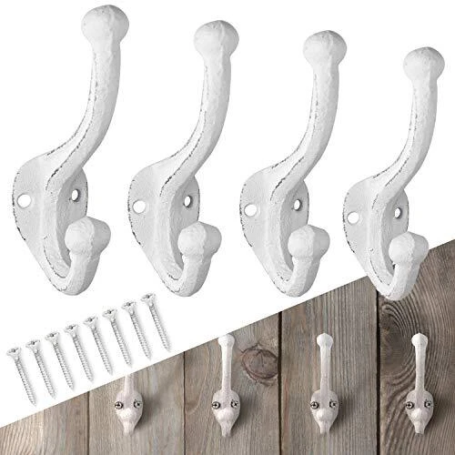 Heavy Duty Wall Hooks for Hanging - Antique White 4 Pack Cast Iron Coat Hooks...