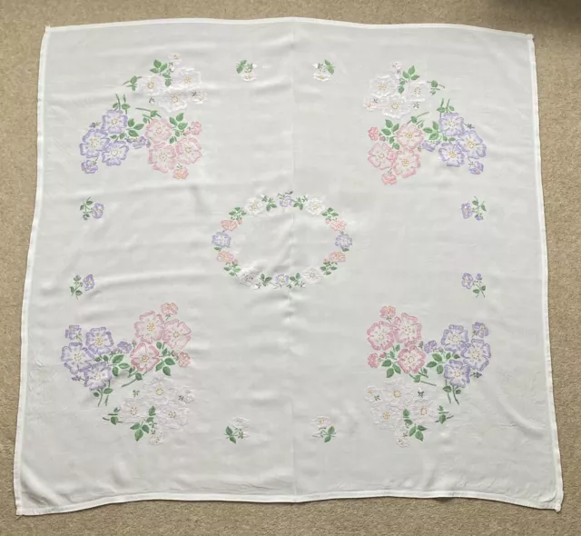 Vintage Linen Embroidered  Floral Square Tablecloth 45”x 48” White Hand Made