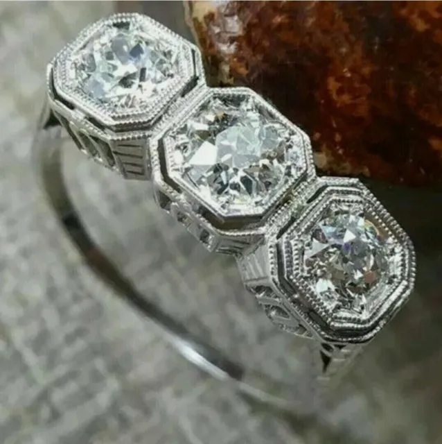 Art Deco Style Lab Created Diamond Filigree Three Stone Wedding 925 Silver Ring