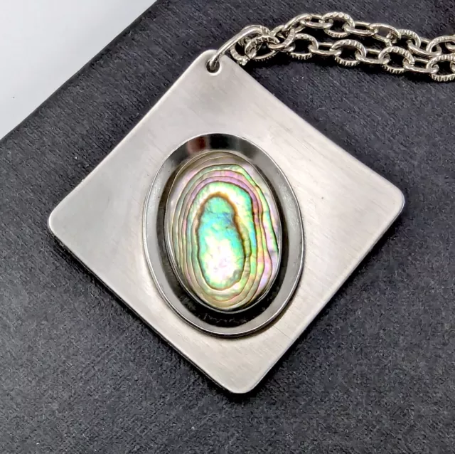 Vintage Stainless Steel Abalone Pendant Necklace - 1970s Modernist