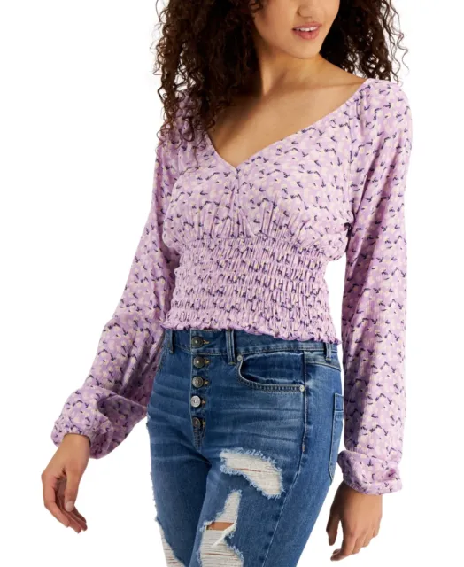 $39 Self Esteem Juniors' Floral-Print Surplice Smocked-Hem Top Purple Size Large