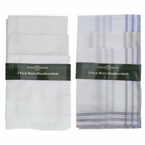 Pack of 5 Large Mens Hankies Handkerchiefs Hanky White Plain Or Borders Cotton