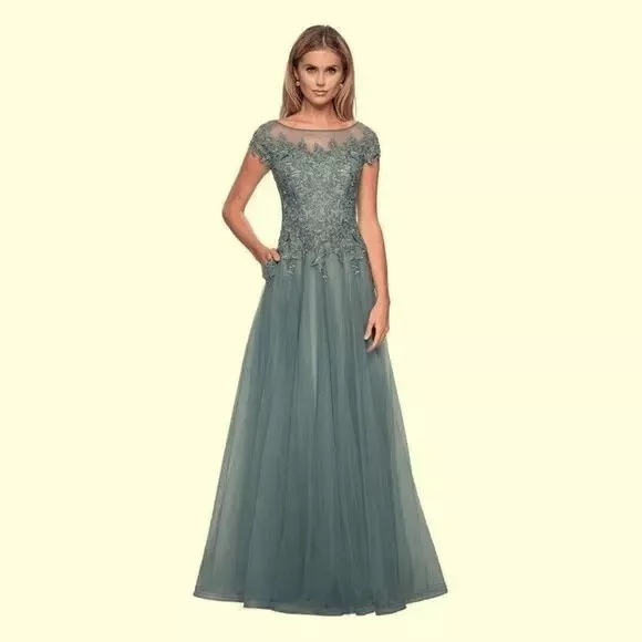 La Femme Slate Blue Shimmer Embroidered Cap Sleeve Tulle A-Line Gown Size 6 $575