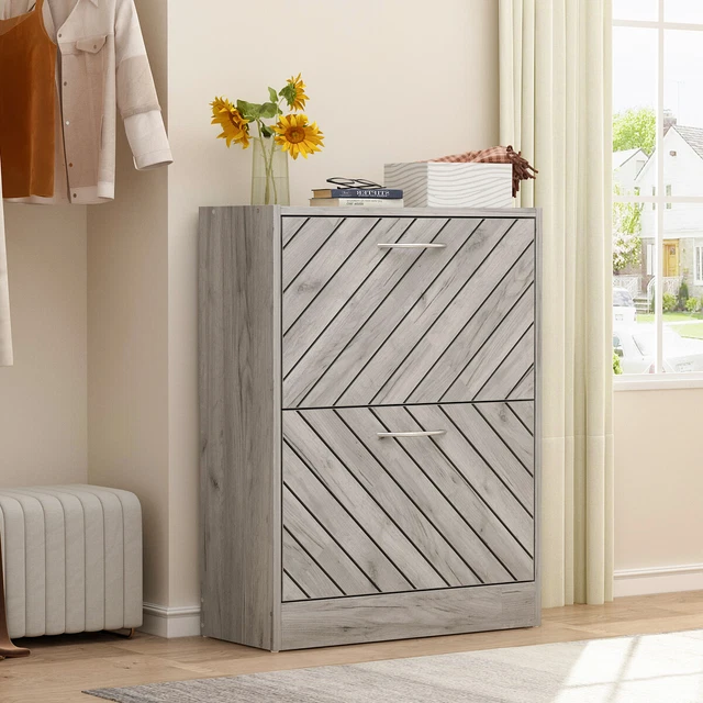 2 FLIP DRAWER Shoe Cabinet Storage Shutter Cupboard Wooden Stand Rack ...