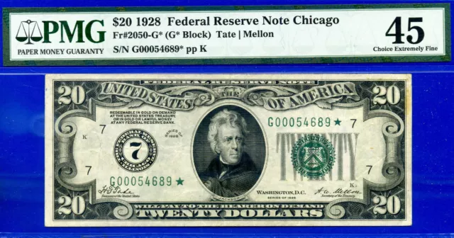 1928 $20 Federal Reserve Note PMG 45 rare wanted Chicago star Fr 2050-G*