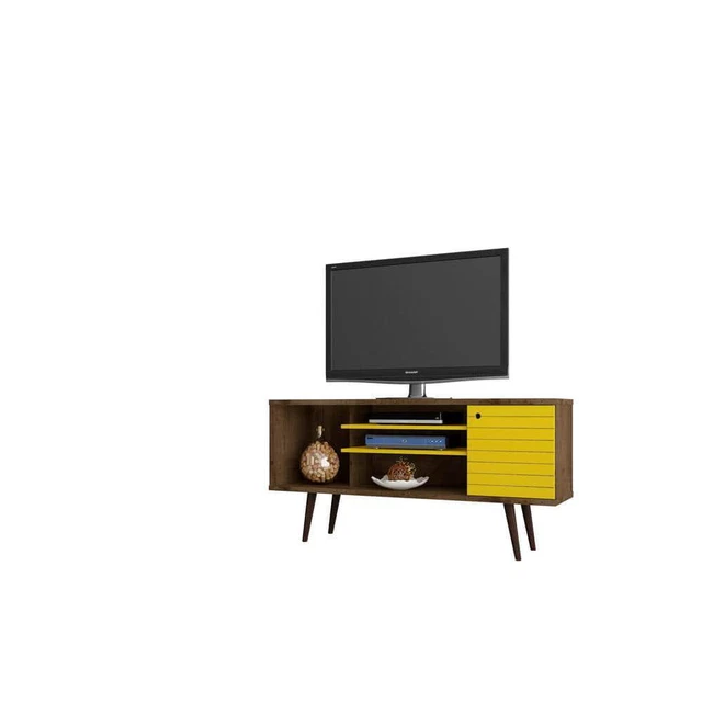 Manhattan Comfort TV Stand 53.14" Wood 5-Shelves Rustic Brown + Yellow /Matte