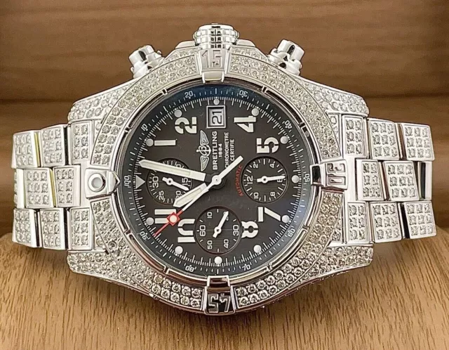 Breitling Super Avenger Mens 45mm Grey Dial 12ct Iced Diamond Steel Watch A13380