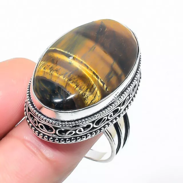 Vintage Tiger Eye Gemstone Handmade Jewelry Ring Size 9 G917