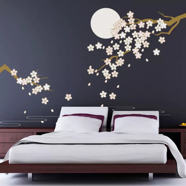 Spring Cherry Blossom Moonlight Large Wall Stickers Mural Art Decoration Decal