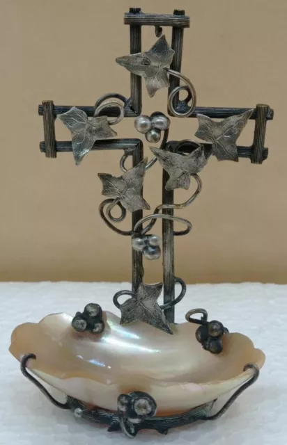 Antique Victorian Silver Plated Cross Ivy/Mother Of Pearl Wall Holy Water Font