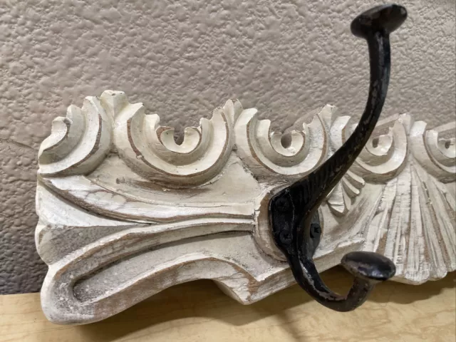 Vintage Thick Carved Painted Wood Wall Hanger w/ 2 Heavy Iron Hooks India Made 2