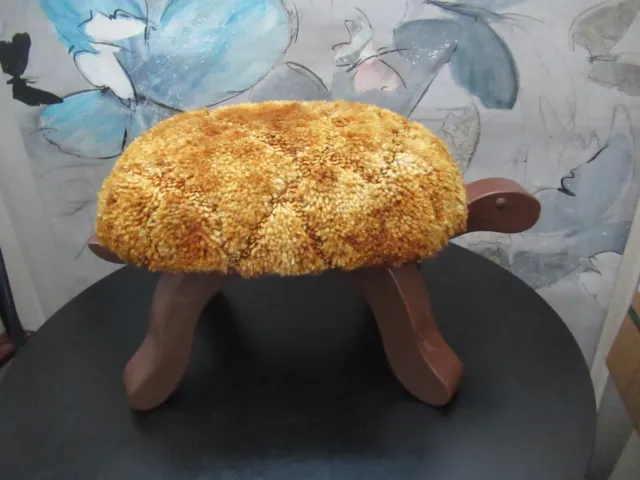 Vintage 70s Wooden Turtle Footstool Upholstered Shag orange Mid Century Retro