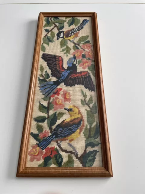 Vintage Framed Tapestry Birds Floral Wooden Frame 52 X 21 Cm (J)