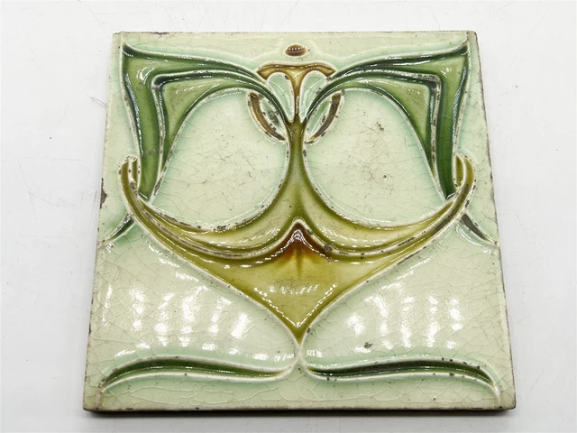 Vintage / Antique Art Nouveau Tile Signed Back Square Green Stunning Trivet