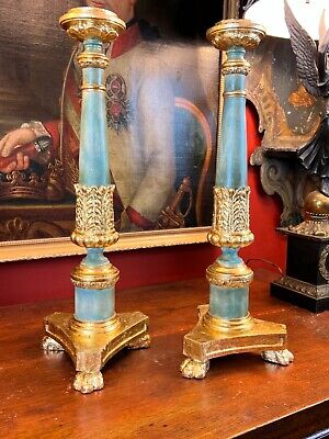 Pair of Italian Neoclassical Style Parcel Gilt and Blue Painted Pair of Altar Ca