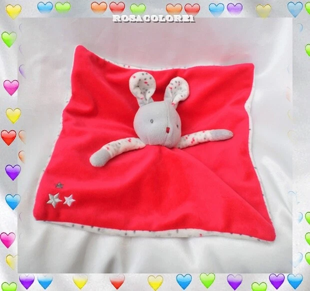 Doudou Peluche Plat Carré Lapin Rouge Blanc Gris Etoiles OBAIBI