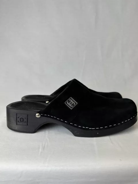 CHANEL SUEDE CC Wooden Clogs Womens Size 37 6.5/7 Black Slide Wedge Sandals  Shoe $325.00 - PicClick
