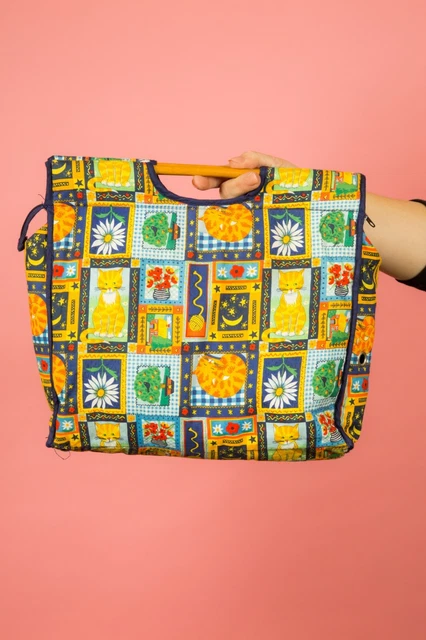 Mehrfarbig Vintage Katzen & Kätzchen Patchwork Muster Holzgriff Handtasche