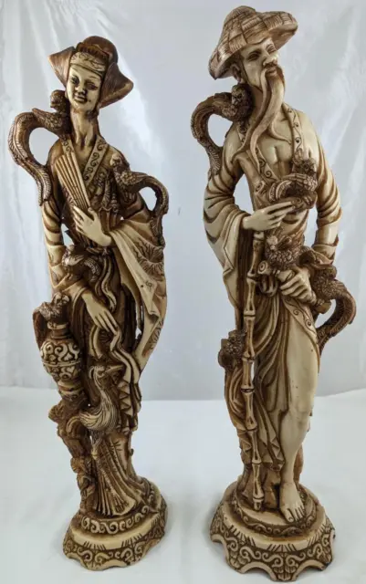 Vintage Pair Of Heavy Oriental Japanese Resin Sculpture Figurines Man & Lady
