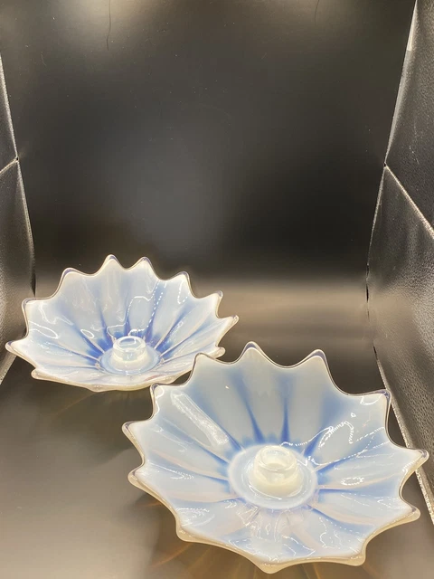 Fostoria (2) Heirloom White Opalescent Art Glass Candle Holders W/Sticker