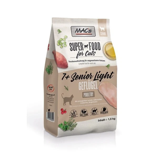 MAC's Cat Senior 7+ Light con aves de corral, comida para gatos, comida seca