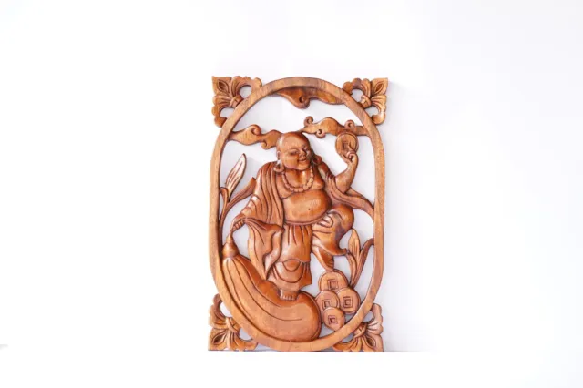 Laughing Buddha Panel Wall Hanging Decor 15.6 inch, Wooden Buddha Wood Hand