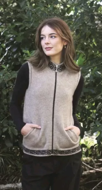 LOTHLORIAN Beige Zipped Merino Wool/Possum Knitted Motif Vest Size M Made In NZ