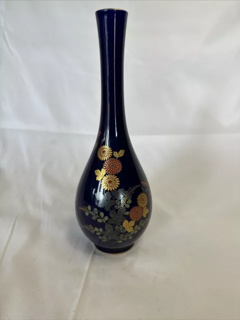 Cobalt Blue Porcelain Bud Vase Flowers Cart Gold Trim Japan Mums 9”