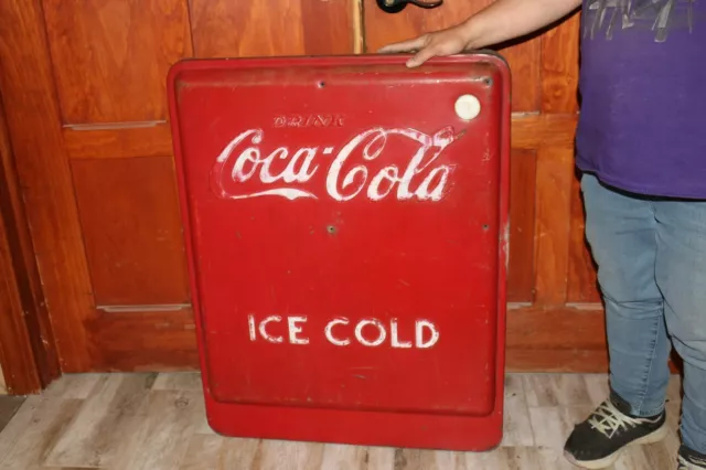 Large Vintage 1940's Coca Cola Ice Cold Soda Pop Cooler 33" Embossed Metal Sign