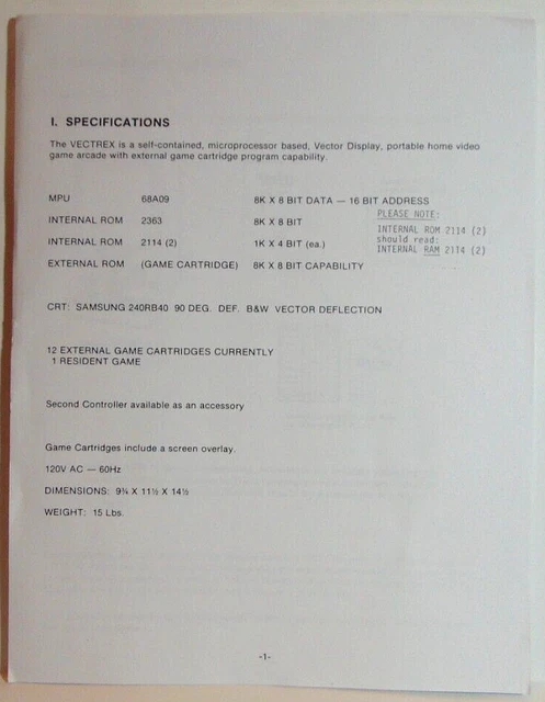 VECTREX VIDEO GAME SYSTEM Service & Operations Manual COPY--Not the Original