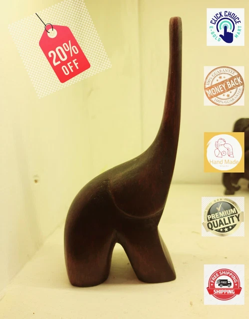 Wood Elephant Sculpture Hand Carved vintage Wooden Figurine Lucky Statue Ceylon