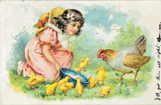 1907 Tuck Easter Post Card Lithograph Antique Vintage Postcard Germany Chickens