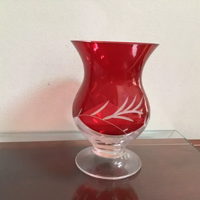 New Lenox Petite Floral 8”T Ruby Red Hurricane Crystal Vase Polland Cranberry