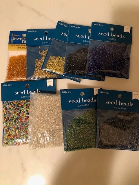 Lot of 9 Bags Glass Seed Beads 10/0,  300 grams, Bulk Lot Mixed Colors NEW