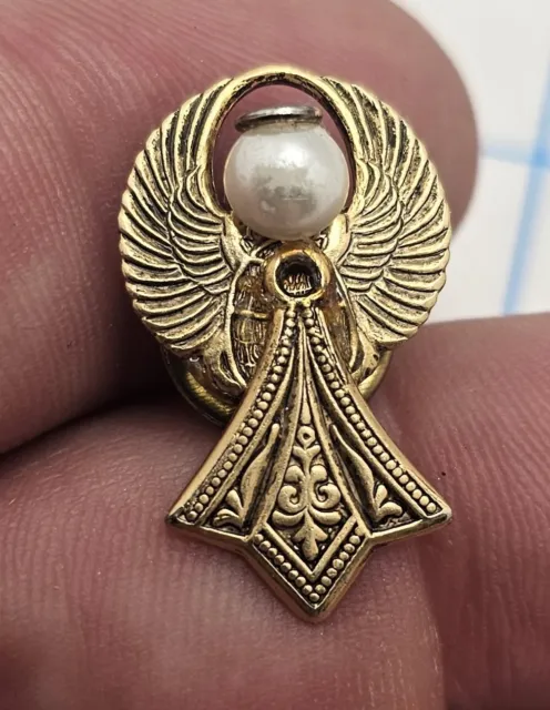 VTG Lapel Pinback Hat Pin Gold Tone Protect Angel Religious Guardian Ornate