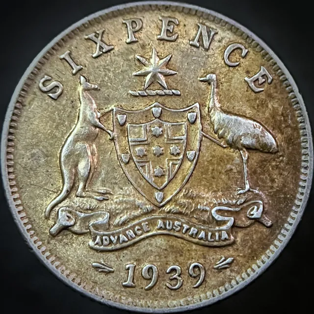 AUSTRALIA. 1939, 6 Pence, Silver - KGV, Melbourne, Kangaroo Emu Sixpence KEY