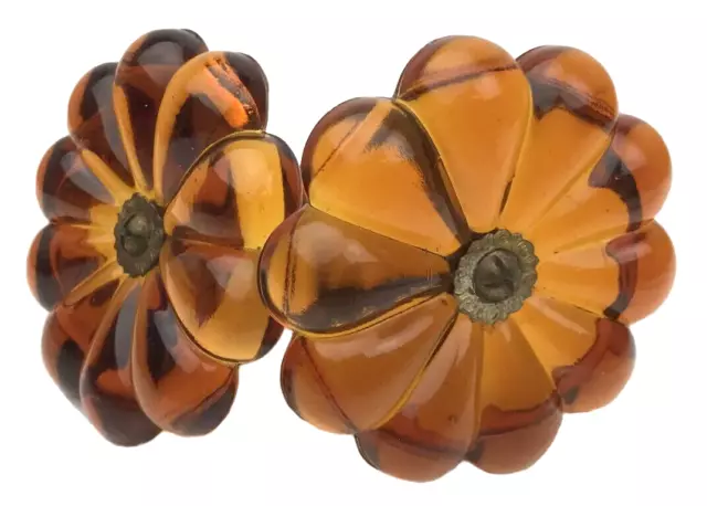 Antique Victorian Amber Glass Curtain Drape Tie Back Hooks Flowers Brass Set
