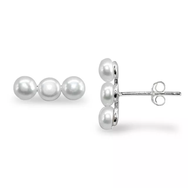 White Cultured Freshwater Three Button Pearl Sterling Silver Stud Earrings