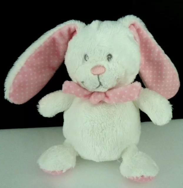 Z8. DOUDOU PELUCHE TEX BABY LAPIN ROSE BLANC ECHARPE POIS 15cm - EXCELLENT ETAT