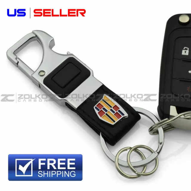 Led Flashlight Keychain Key Fob Chain Ring Black Leather For Cadillac