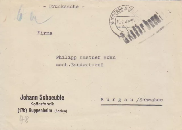 F.Zone - KUPPENHEIM  im  (MURGTAL) - Gebühr bezahlt - Brief - 1947