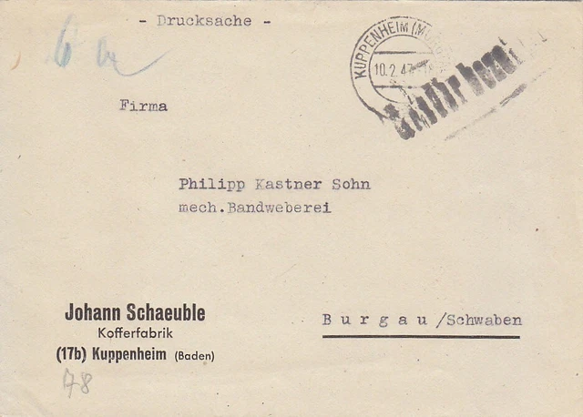 F.Zone - KUPPENHEIM  im  (MURGTAL) - Gebühr bezahlt - Brief - 1947